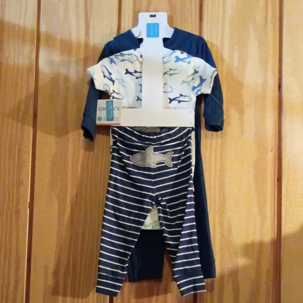 Carter's 12M Shark Print 3‎ Piece Outfit Set Bodysuit Pants Sleeper Cotton Blue